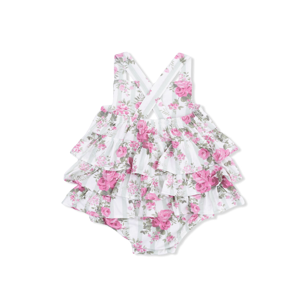 Cabbage Rose Stripe - Ruffle Sunsuit