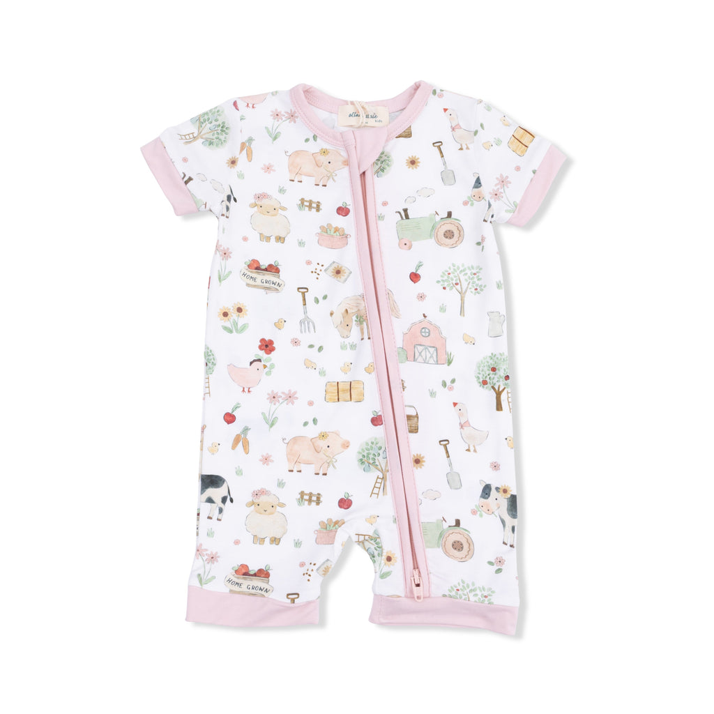 Cute Farm Animals Pink - Shortie 2 Way Zipper Romper