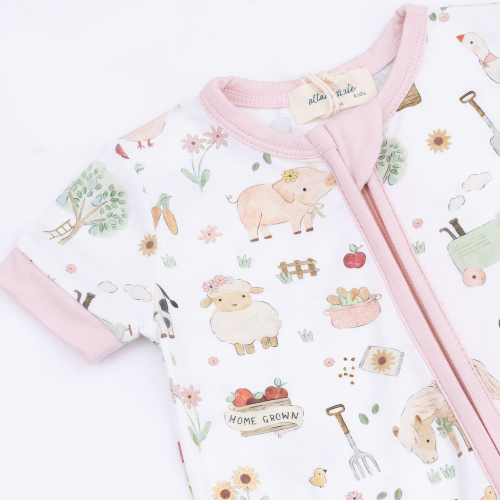 Cute Farm Animals Pink - Shortie 2 Way Zipper Romper