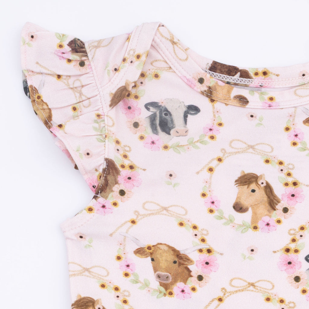 Farm Animals Floral Cameos Pink - Ruffle Sleeve Bodysuit