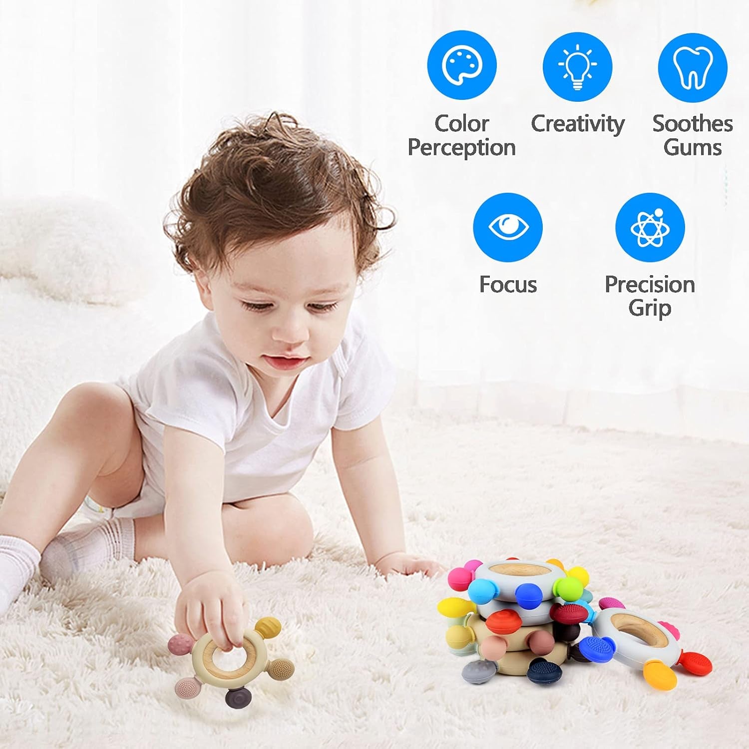 Silicone Baby Teether with Wooden Ring