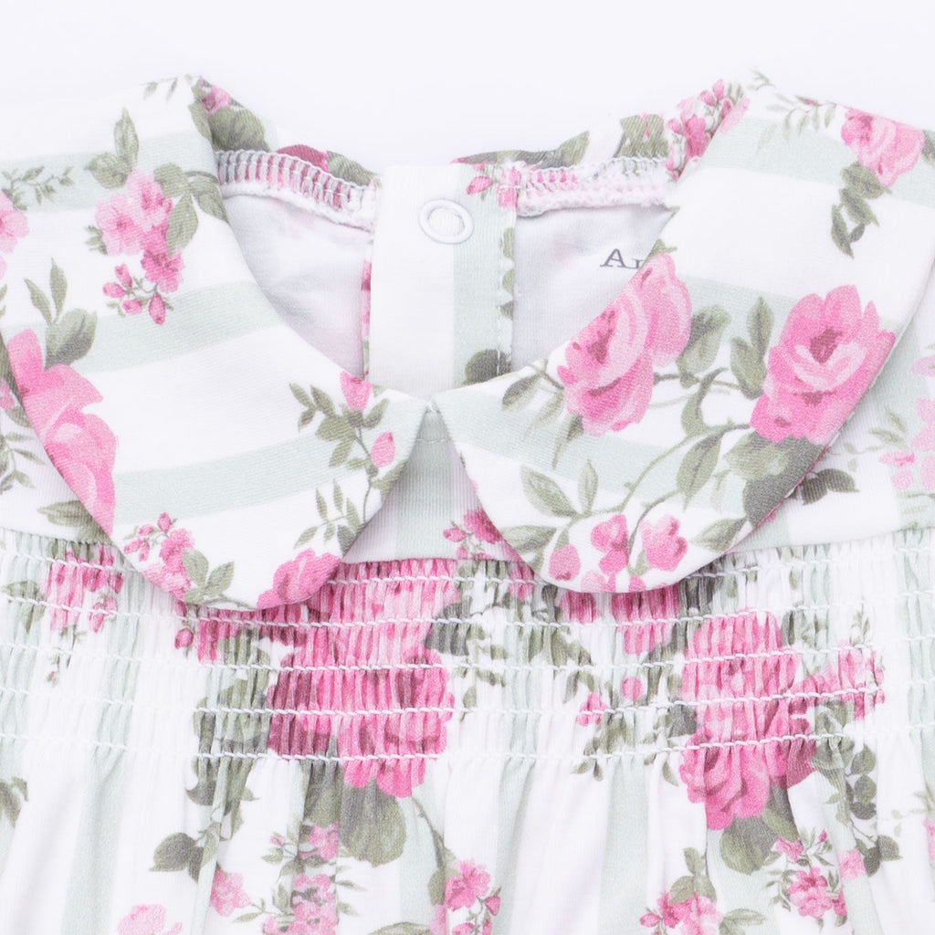 Cabbage Rose Stripe - Smocked Peter Pan Snap Footie