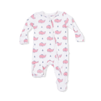 Bubbly Whale with Bow  Pink - 2 Way Ruffle Back Zipper Footie