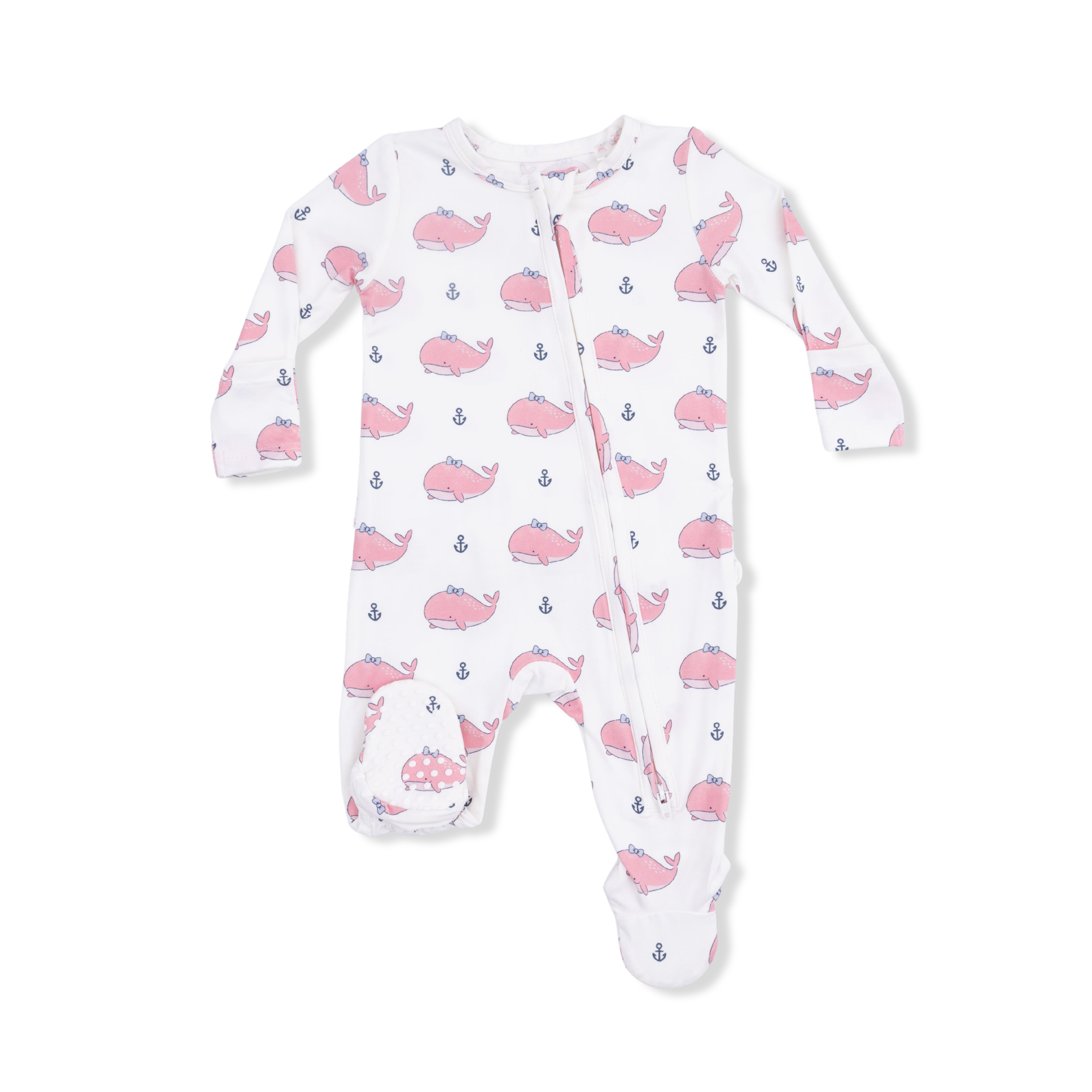 Bubbly Whale with Bow  Pink - 2 Way Ruffle Back Zipper Footie
