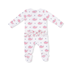 Bubbly Whale with Bow  Pink - 2 Way Ruffle Back Zipper Footie