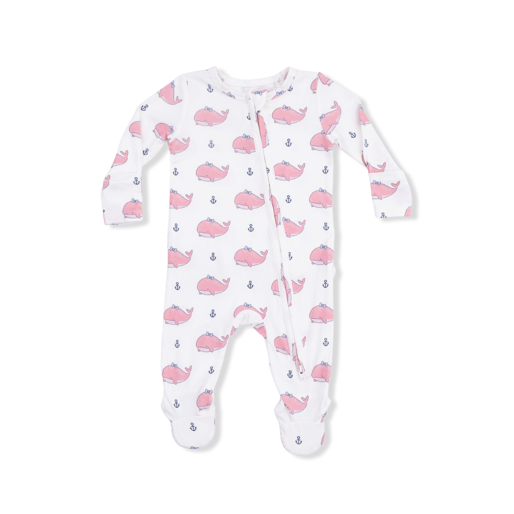 Bubbly Whale with Bow  Pink - 2 Way Ruffle Back Zipper Footie
