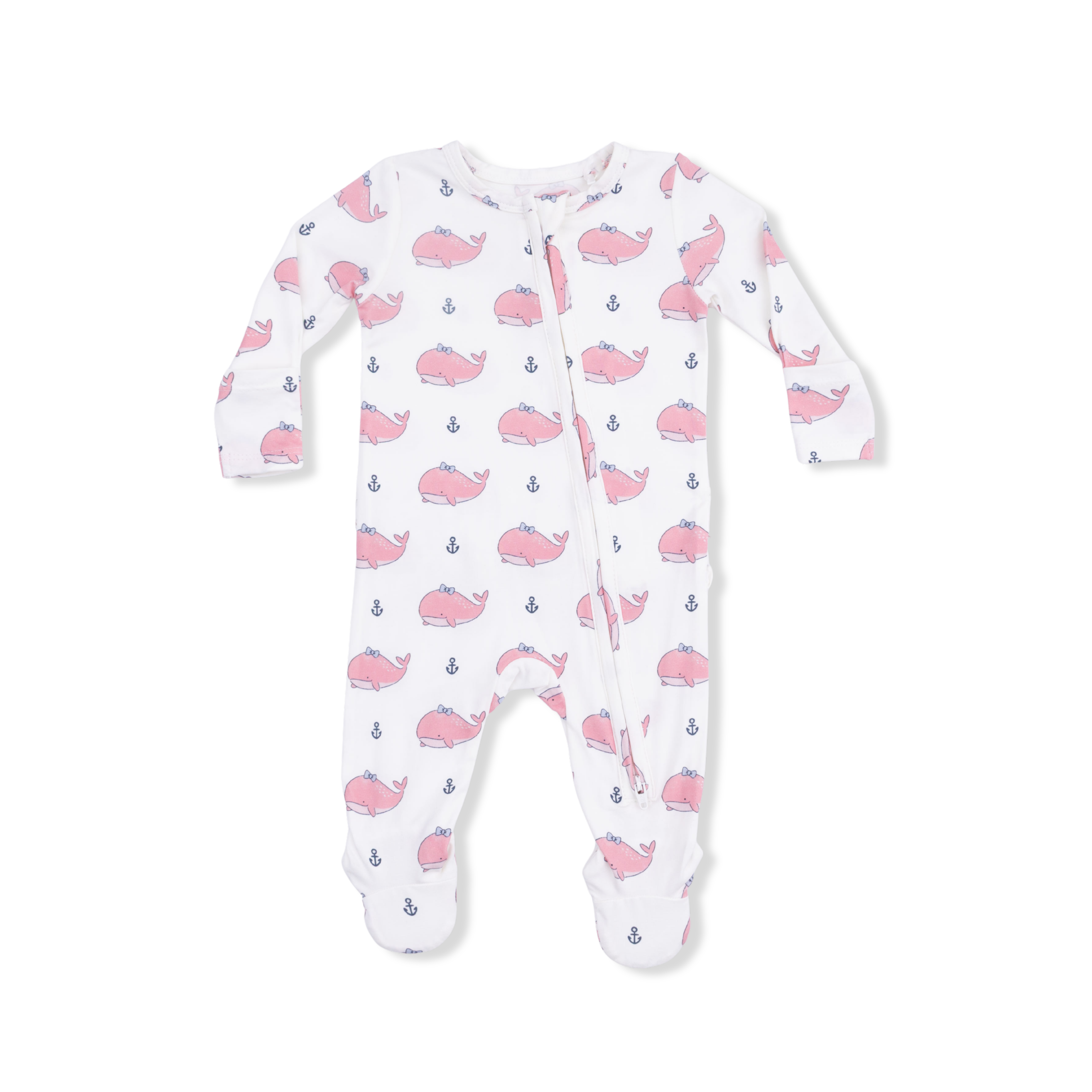 Bubbly Whale with Bow  Pink - 2 Way Ruffle Back Zipper Footie