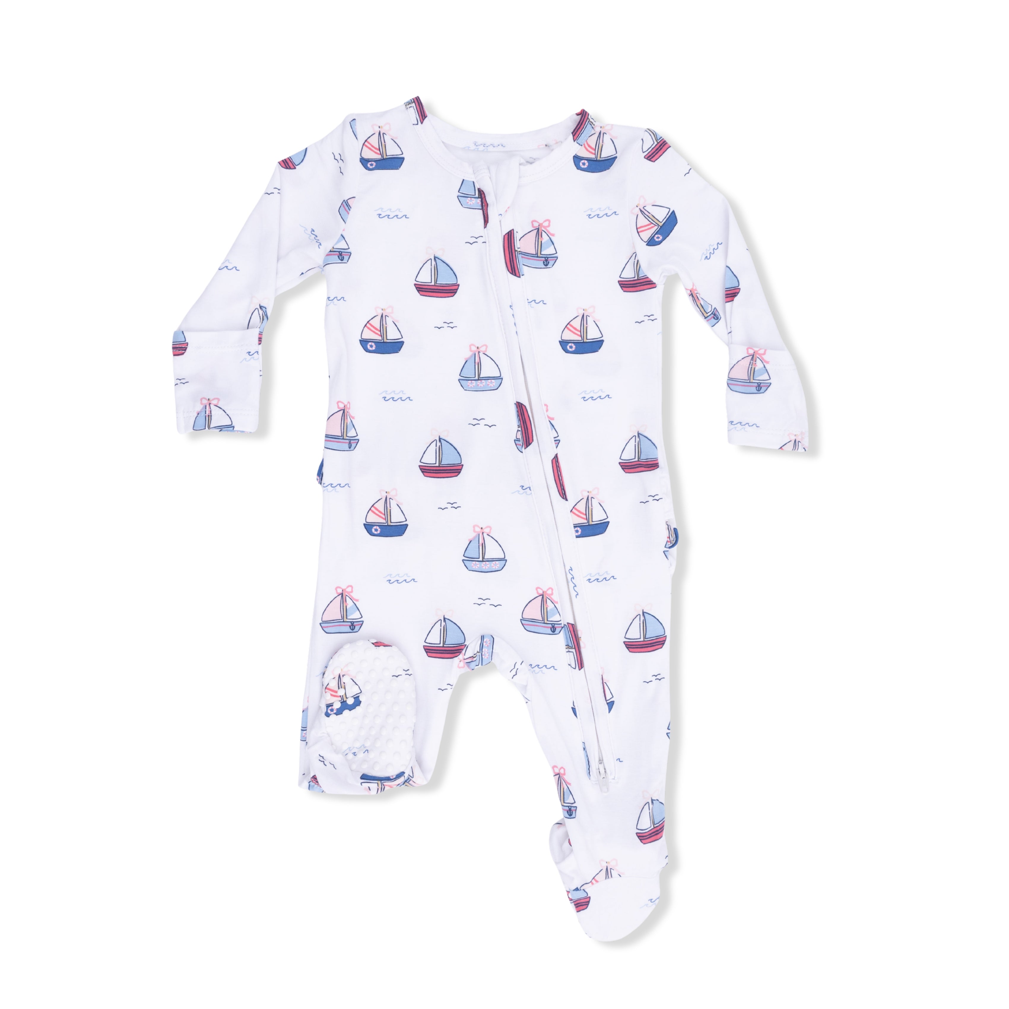 Bubbly Sailboats Pink - 2 Way Ruffle Back Zipper Footie