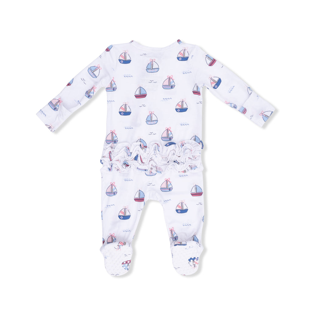 Bubbly Sailboats Pink - 2 Way Ruffle Back Zipper Footie