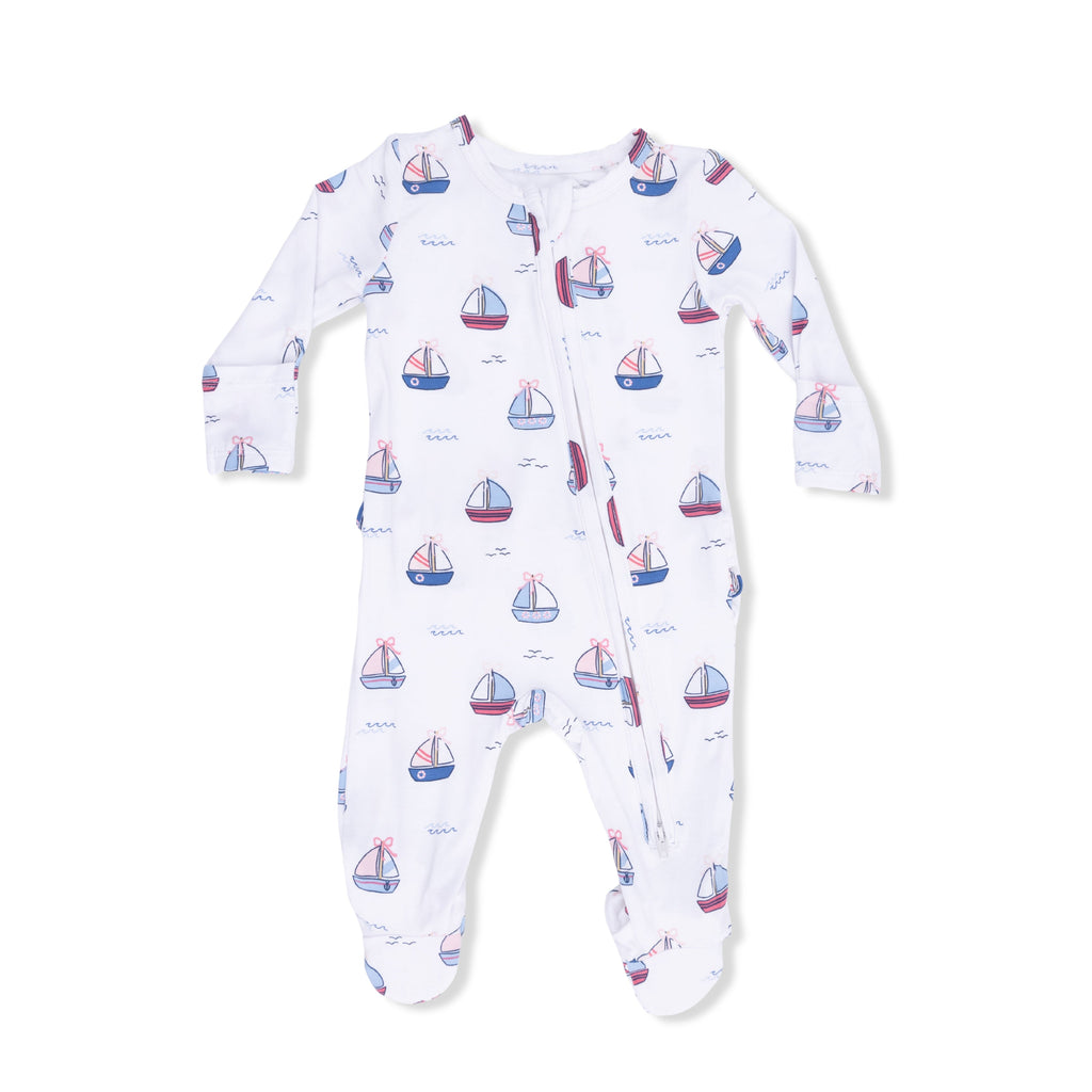 Bubbly Sailboats Pink - 2 Way Ruffle Back Zipper Footie