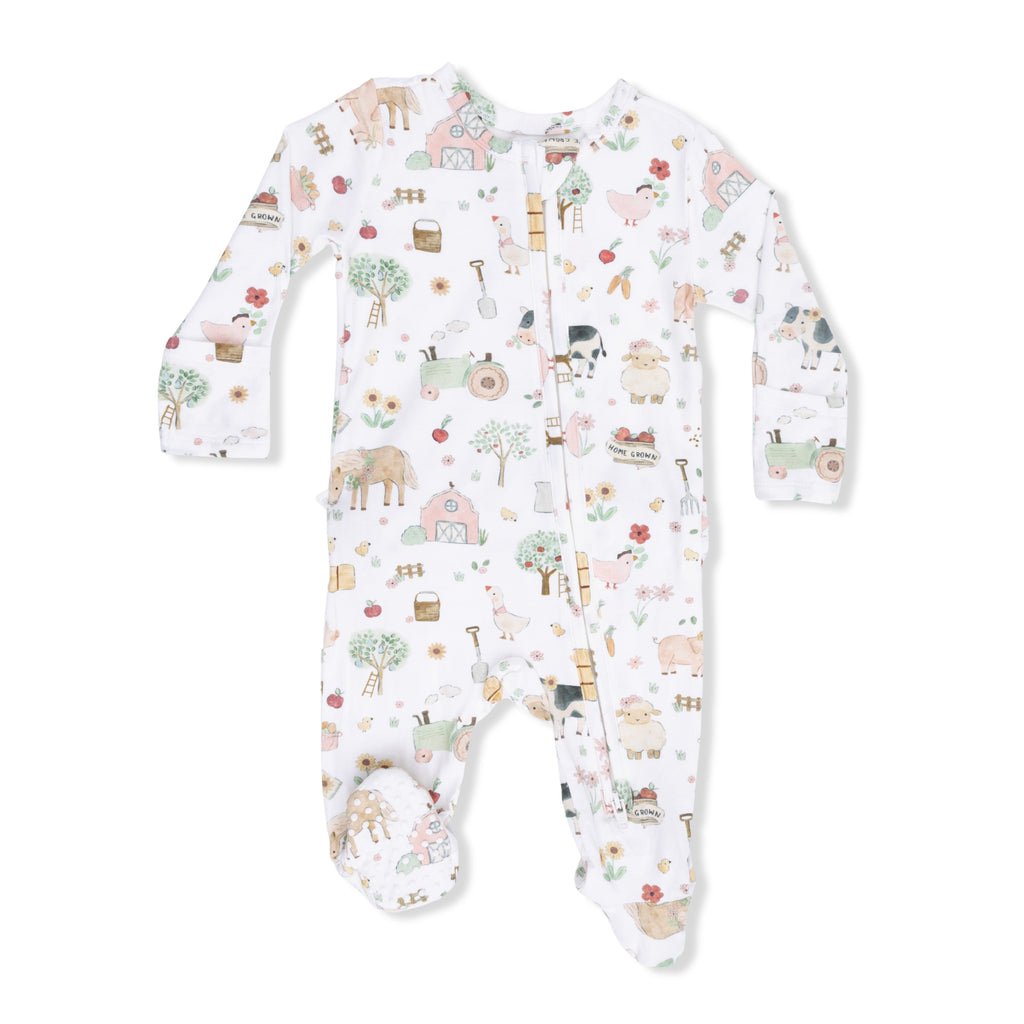 Cute Farm Animals Pink - 2 Way Ruffle Back Zipper Footie