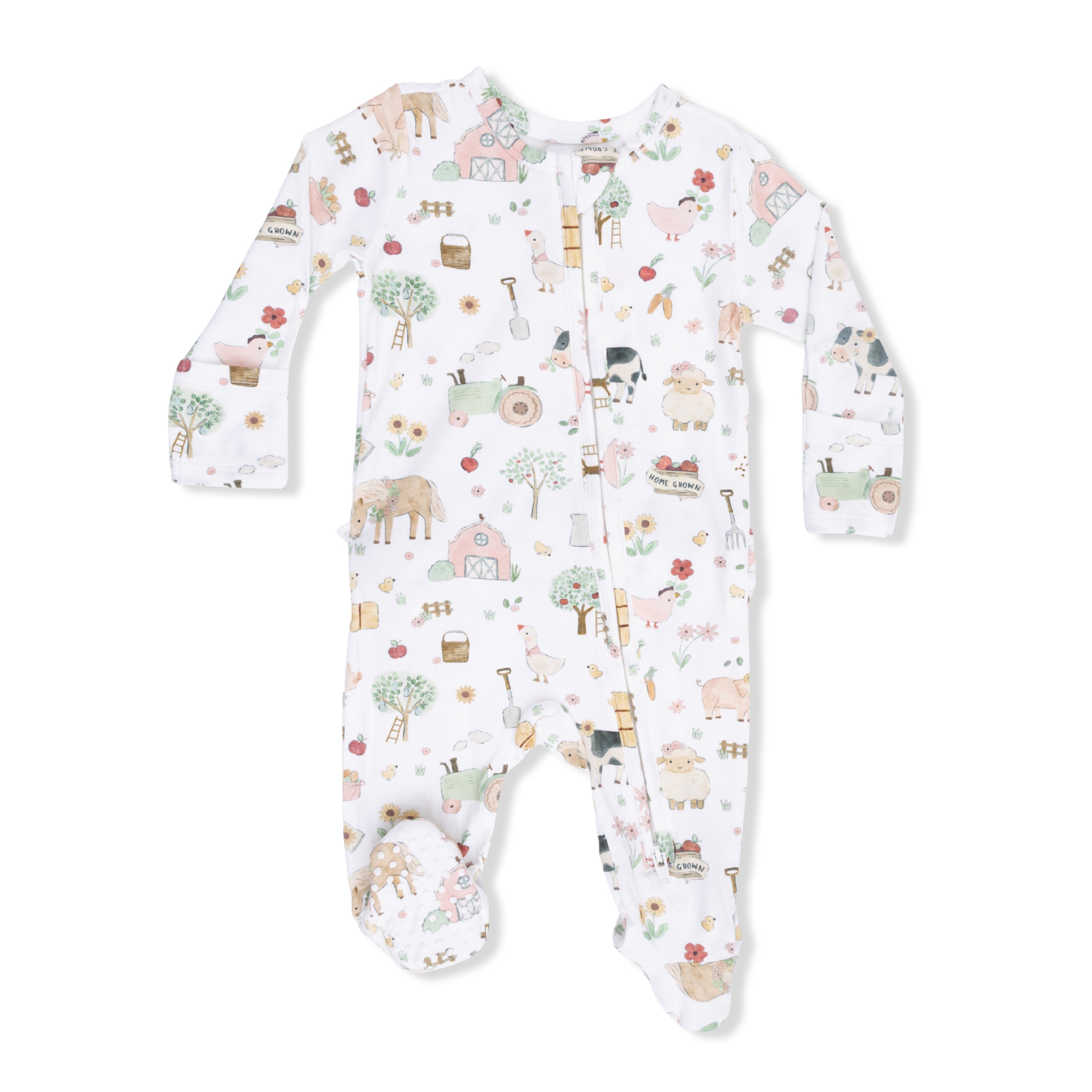 Cute Farm Animals Pink - 2 Way Ruffle Back Zipper Footie
