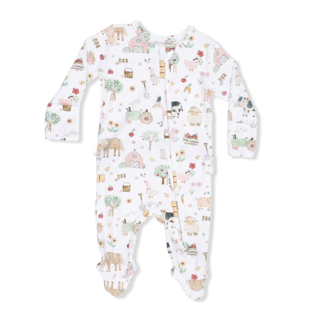 Cute Farm Animals Pink - 2 Way Ruffle Back Zipper Footie