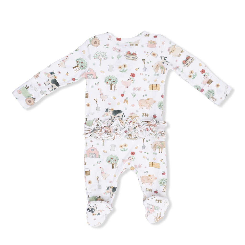 Cute Farm Animals Pink - 2 Way Ruffle Back Zipper Footie