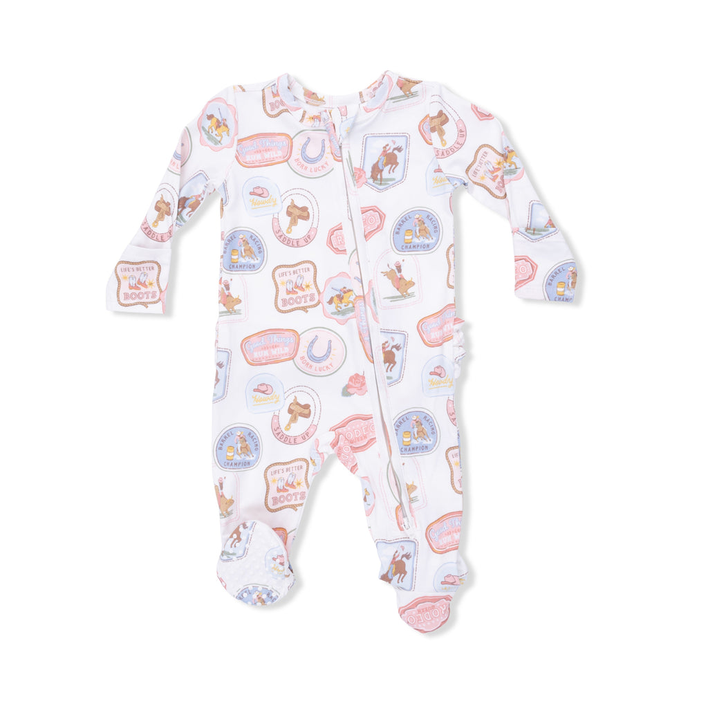 Rodeo Patches Pink - 2 Way Ruffle Back Zipper Footie
