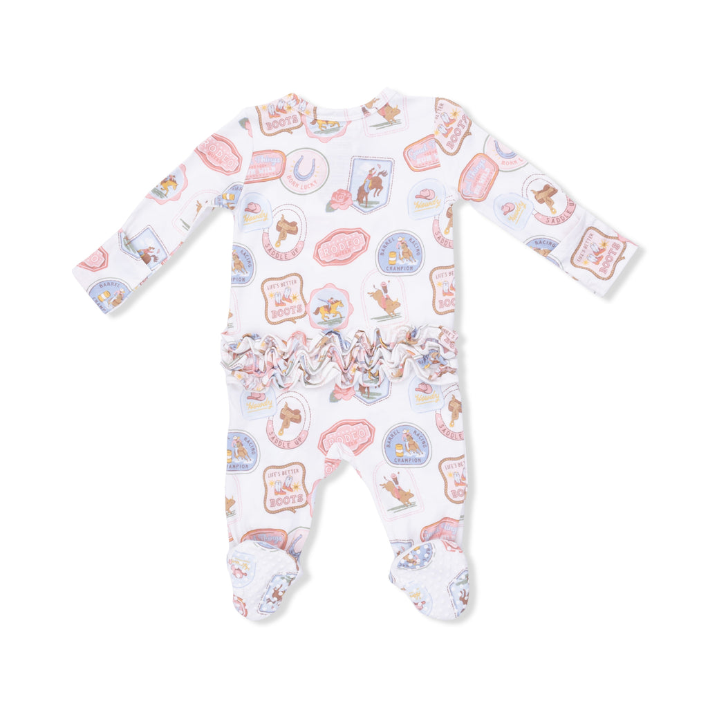 Rodeo Patches Pink - 2 Way Ruffle Back Zipper Footie
