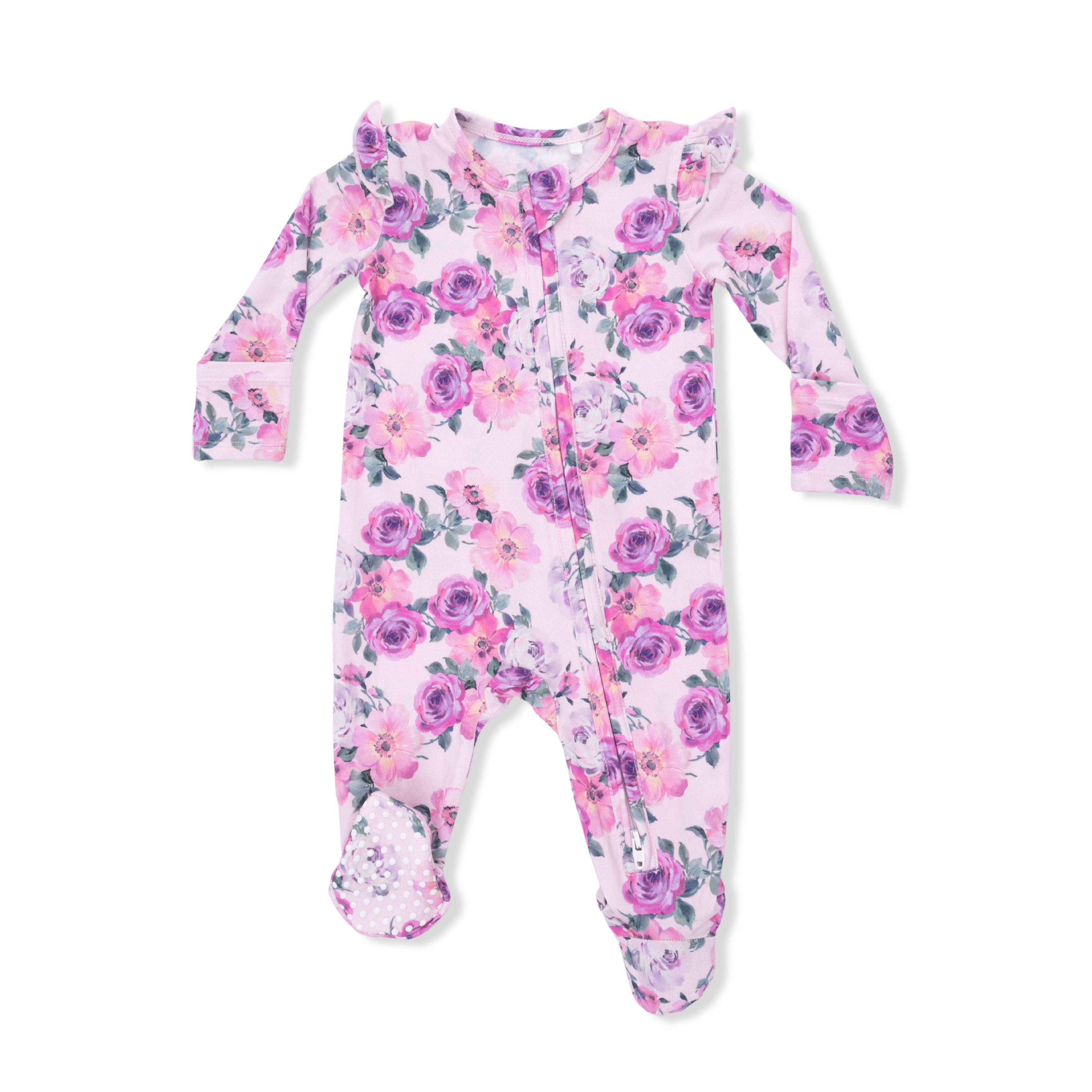 Rose Abundance - 2 Way Ruffle Sleeve Zipper Footie