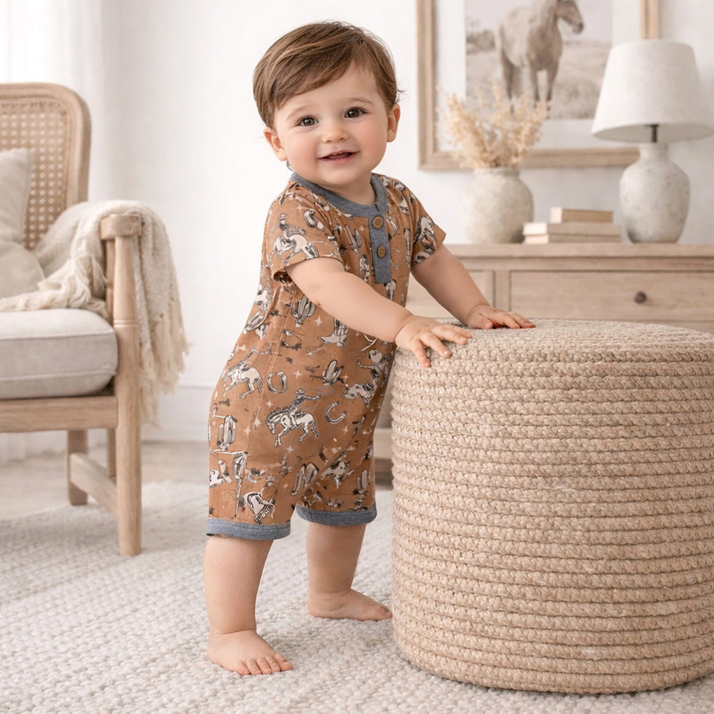 Wild Wrangler/Brown Western Bamboo Shorty Romper for Boys