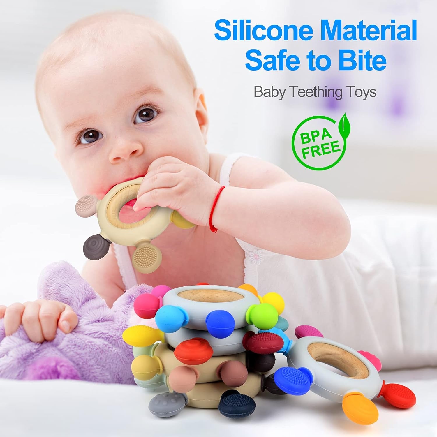 Silicone Baby Teether with Wooden Ring